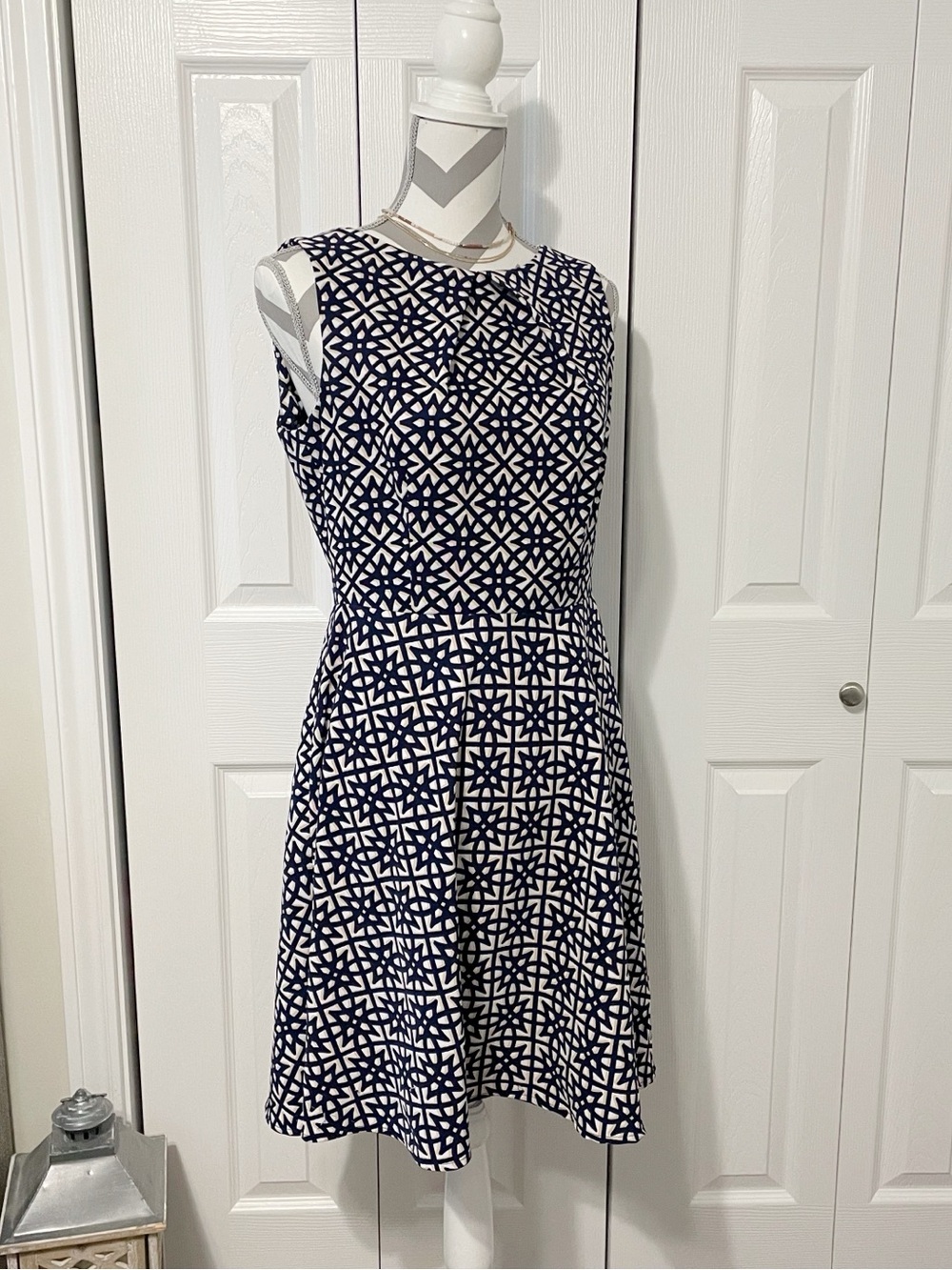 Roz & Ali Navy, White, and Tan Sleeveless Fit & Flare Dress